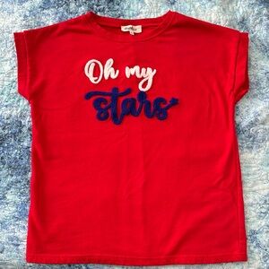 “Oh my stars” Cute 4th of July top! Red with fuzzy letters. Size small.